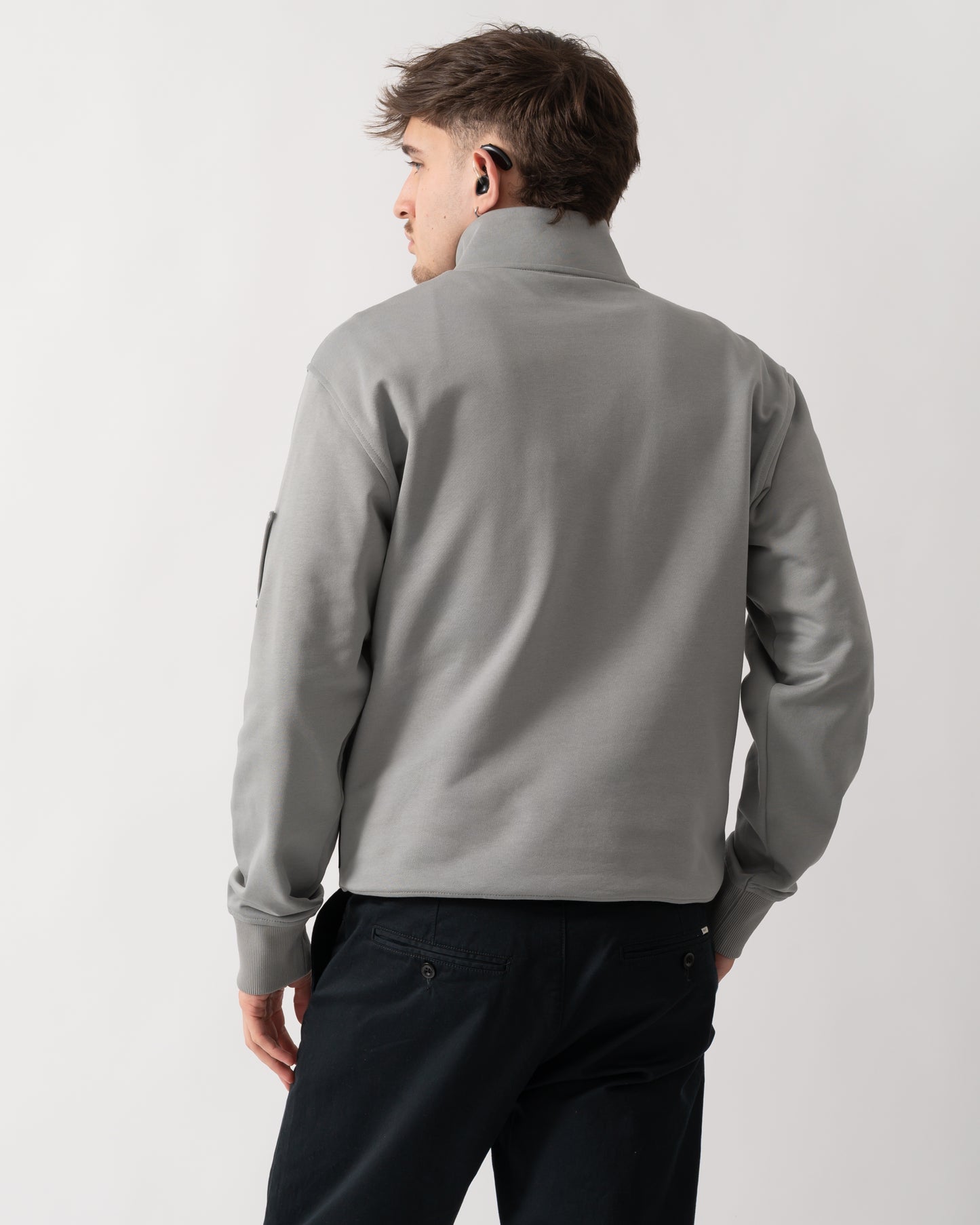back shot of a Moose Knuckles Hartsfield Mens 1/4 Zip Sweatshirt in Industry 1892