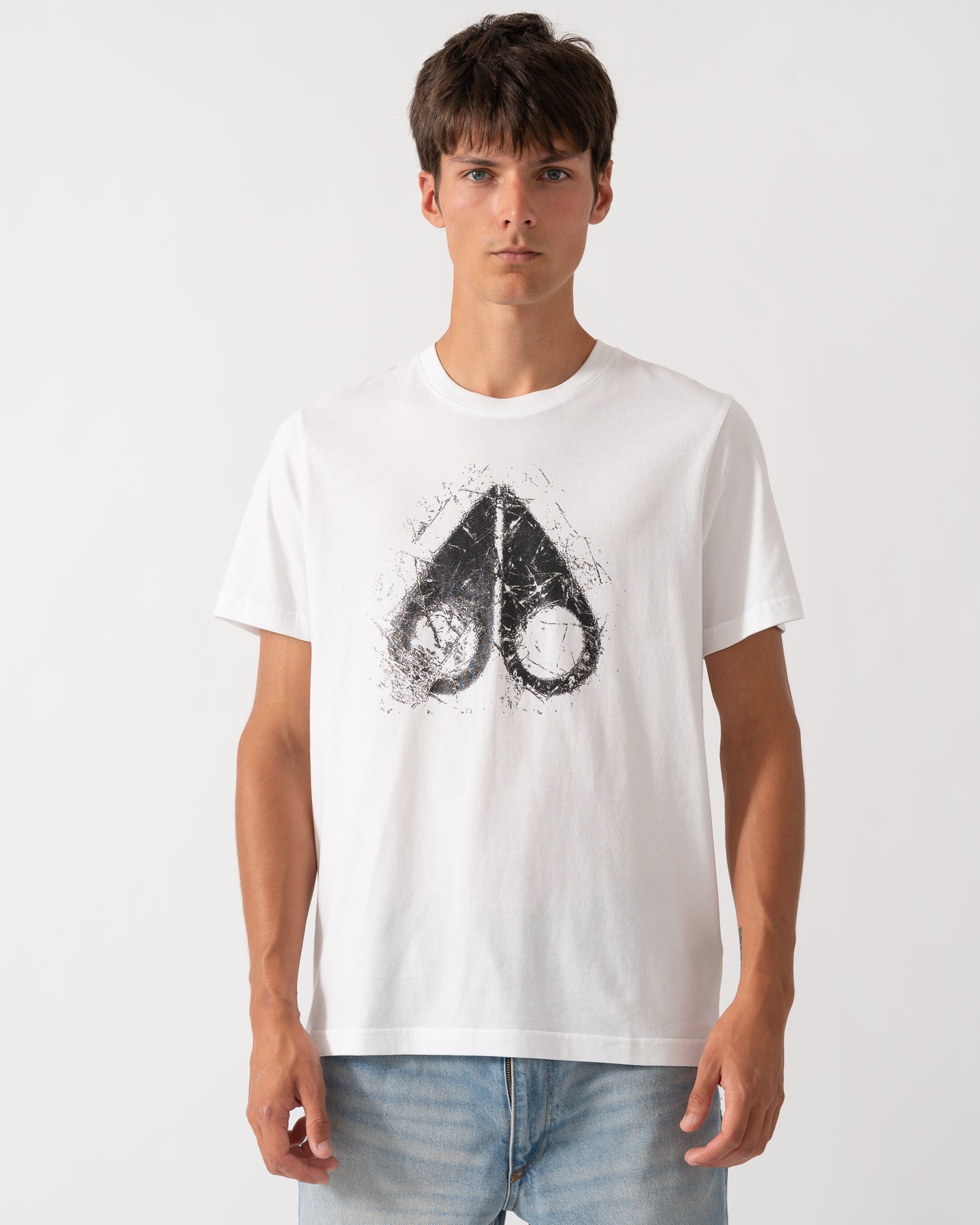 model wearing a Moose Knuckles Mens Icebreak Logo T-Shirt in White 160