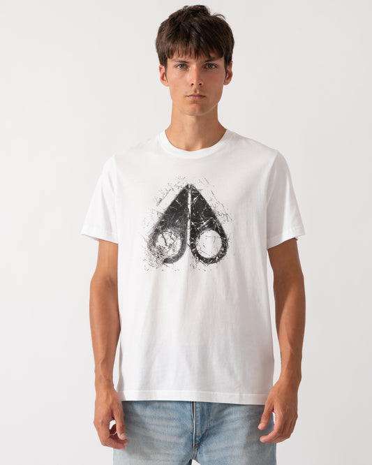 model wearing a Moose Knuckles Mens Icebreak Logo T-Shirt in White 160