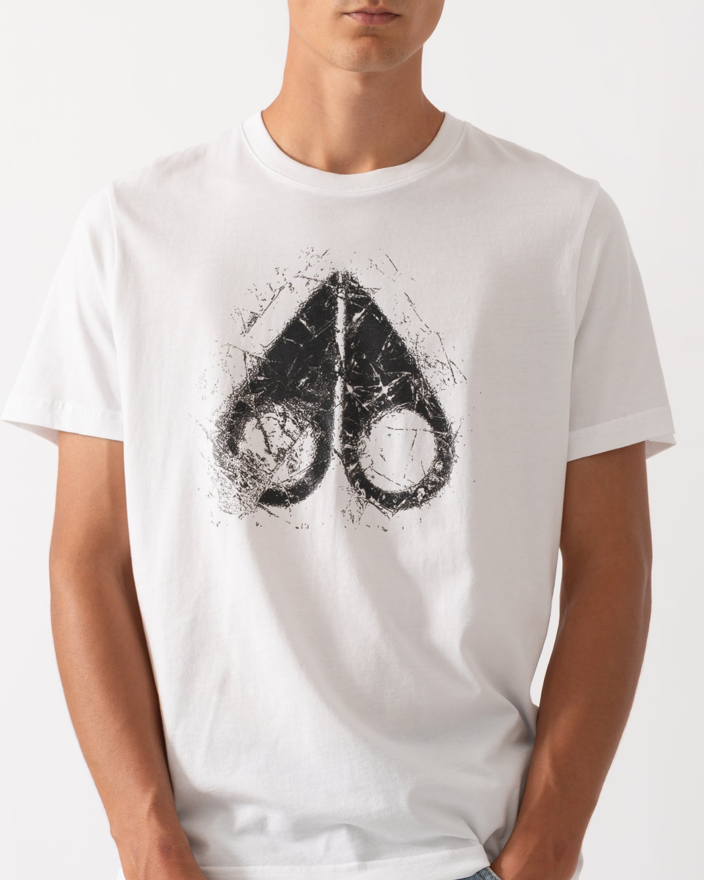 close up of model wearing a Moose Knuckles Mens Icebreak Logo T-Shirt in White 160