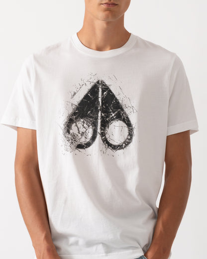 close up of model wearing a Moose Knuckles Mens Icebreak Logo T-Shirt in White 160
