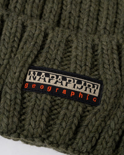 logo detail of Napapijri Fea 2 Bobble Hat in Olive Night G1F