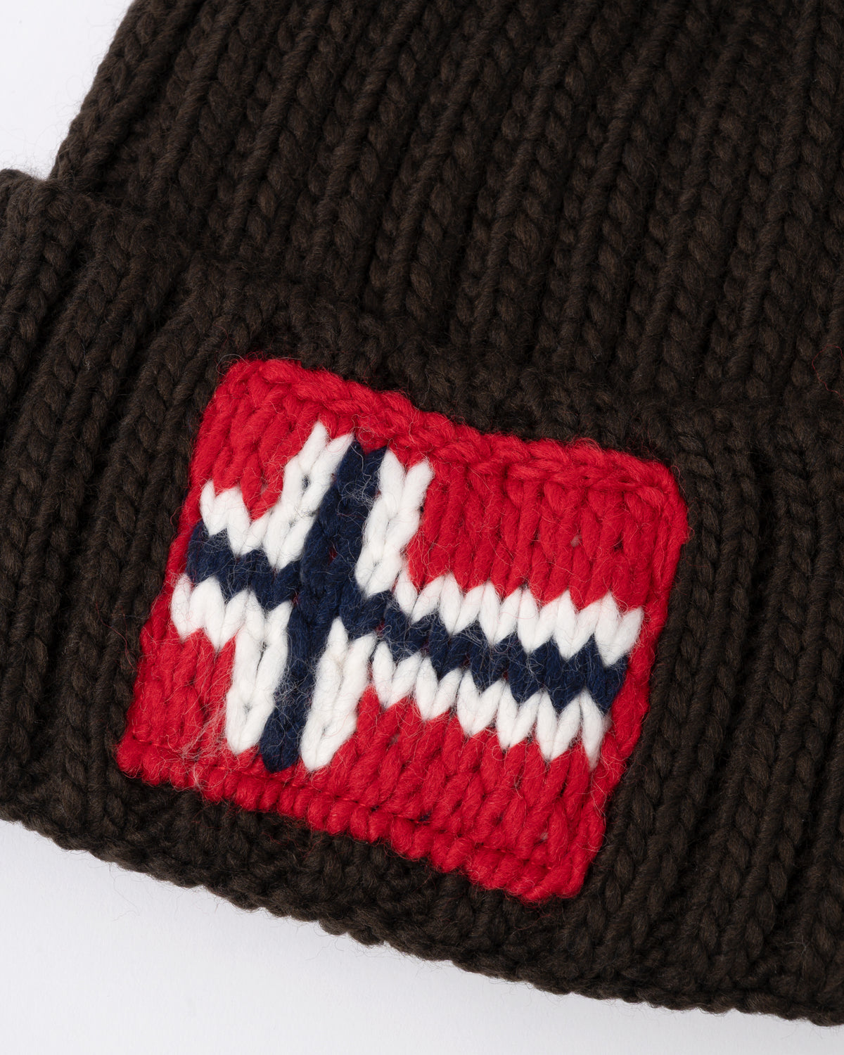 logo detail of a Napapijri Semiury 5 Bobble Hat in Brown WT3