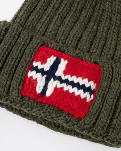 logo detail of Napapijri Semiury 5 Bobble Hat in Olive Night G1Fa 