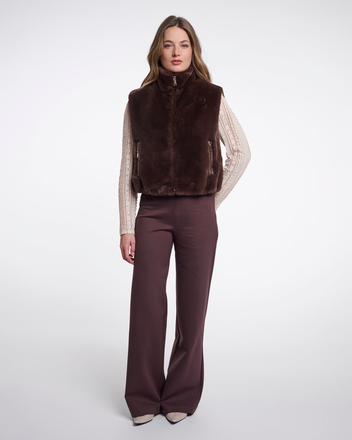 Rino & Pelle Nikki Womens Short Faux Fur Waistcoat - Coffee Roast
