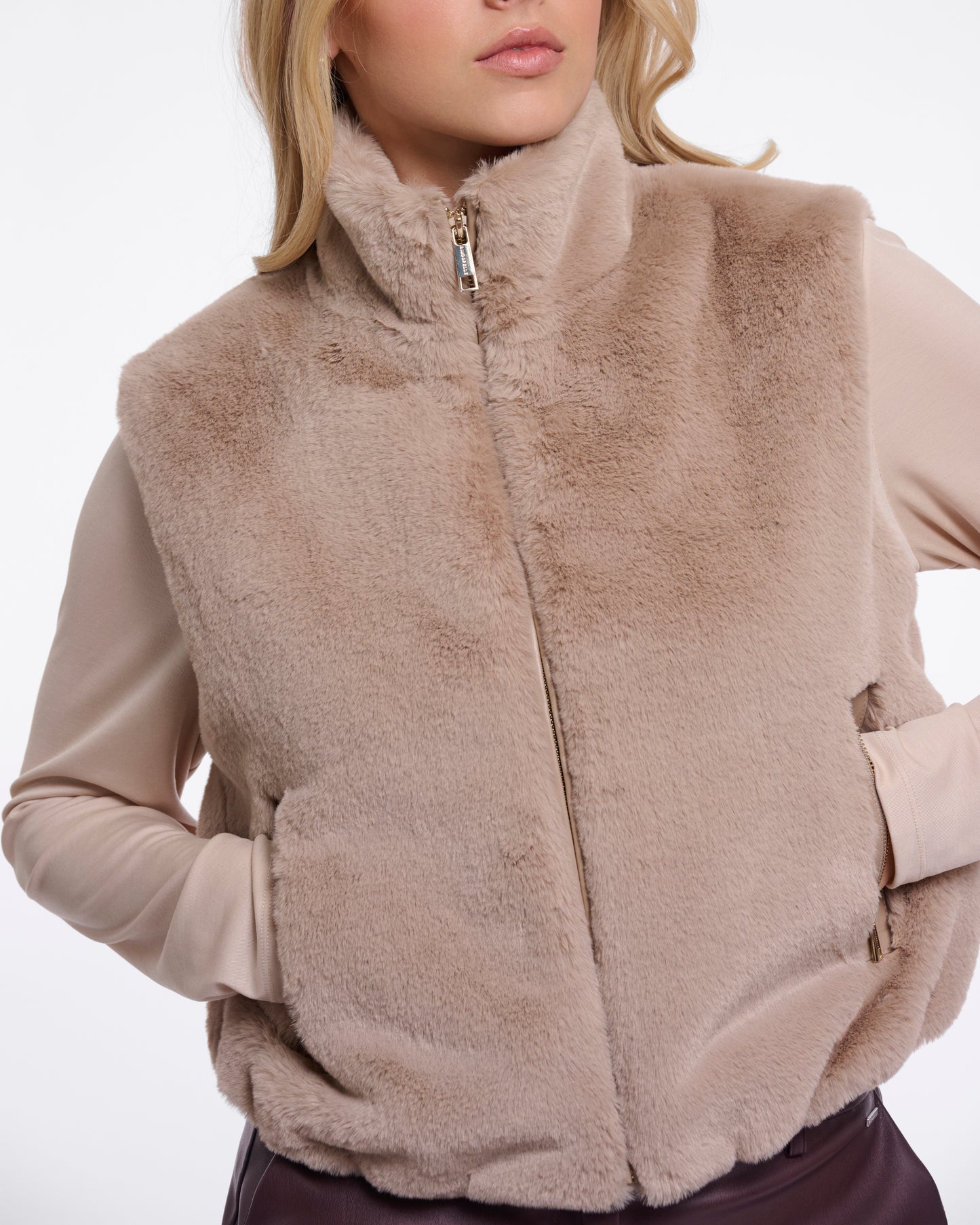 Rino & Pelle Nikki Womens Short Faux Fur Waistcoat - Oat | CHO | Designer Womens Short faux fur waistcoat