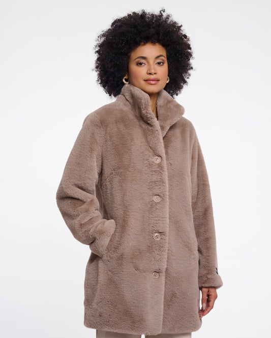 Rino & Pelle Nonna Womens Single Breasted Faux Fur Coat - Mocha Latte