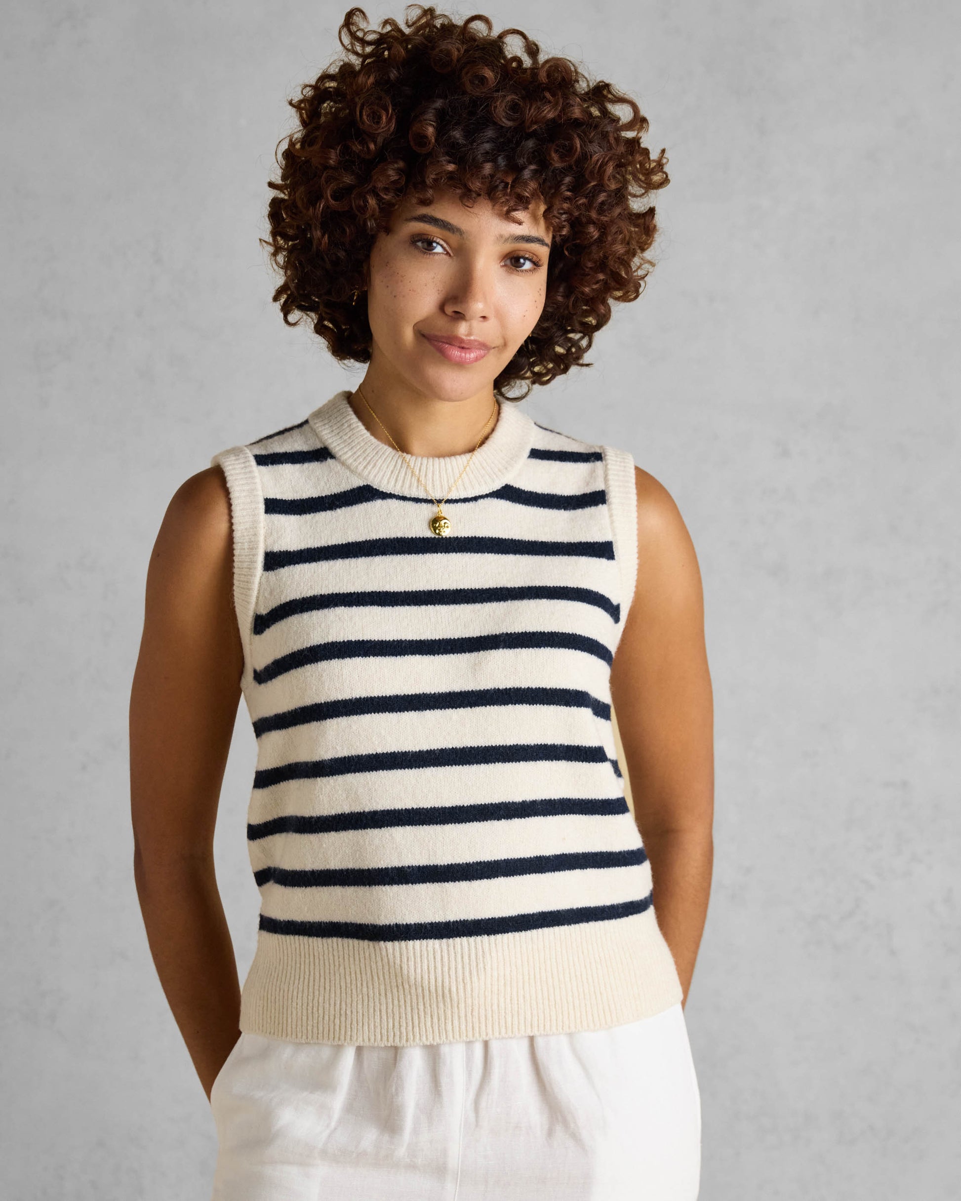 Joules Holly Womens Crew Neck Knit Tank Top - Cream/Navy - CHO - Designer Womens Knit Tank Tops