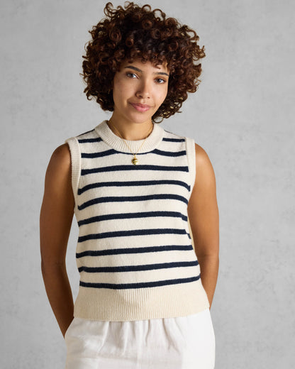 Joules Holly Womens Crew Neck Knit Tank Top - Cream/Navy - CHO - Designer Womens Knit Tank Tops
