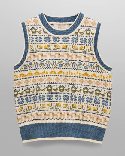 Joules Womens Intarsia Knitted Tank Top - Cream/Blue, flat lay