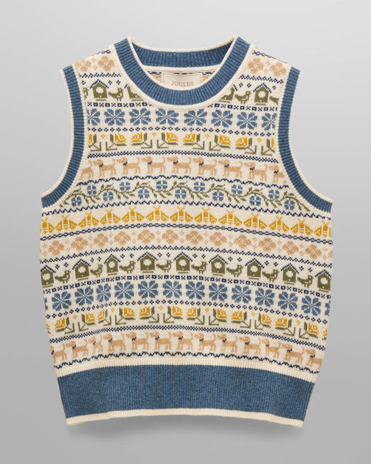 Joules Womens Intarsia Knitted Tank Top - Cream/Blue, flat lay