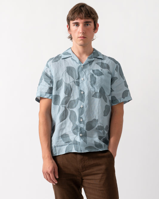 model wearing a Oliver Sweeney Marvao Mens Linen Shirt in Blue