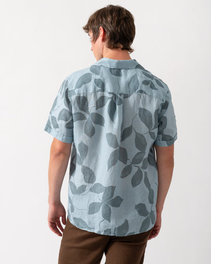 back of model wearing a Oliver Sweeney Marvao Mens Linen Shirt in Blue