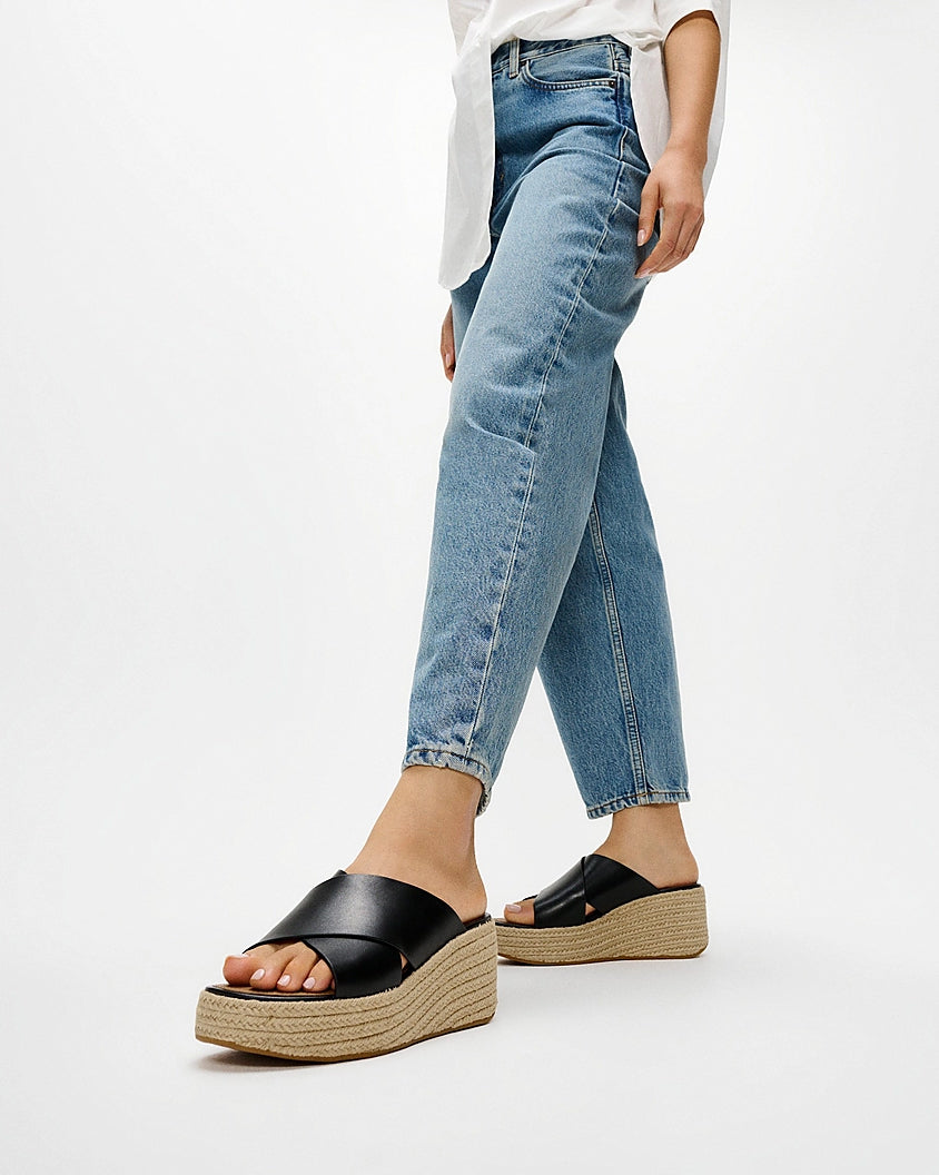 FitFlop Womens PLATFFORMS Espadrille Leather Wedge Cross Slides - Black 001 | CHO | Designer Womens Sandals