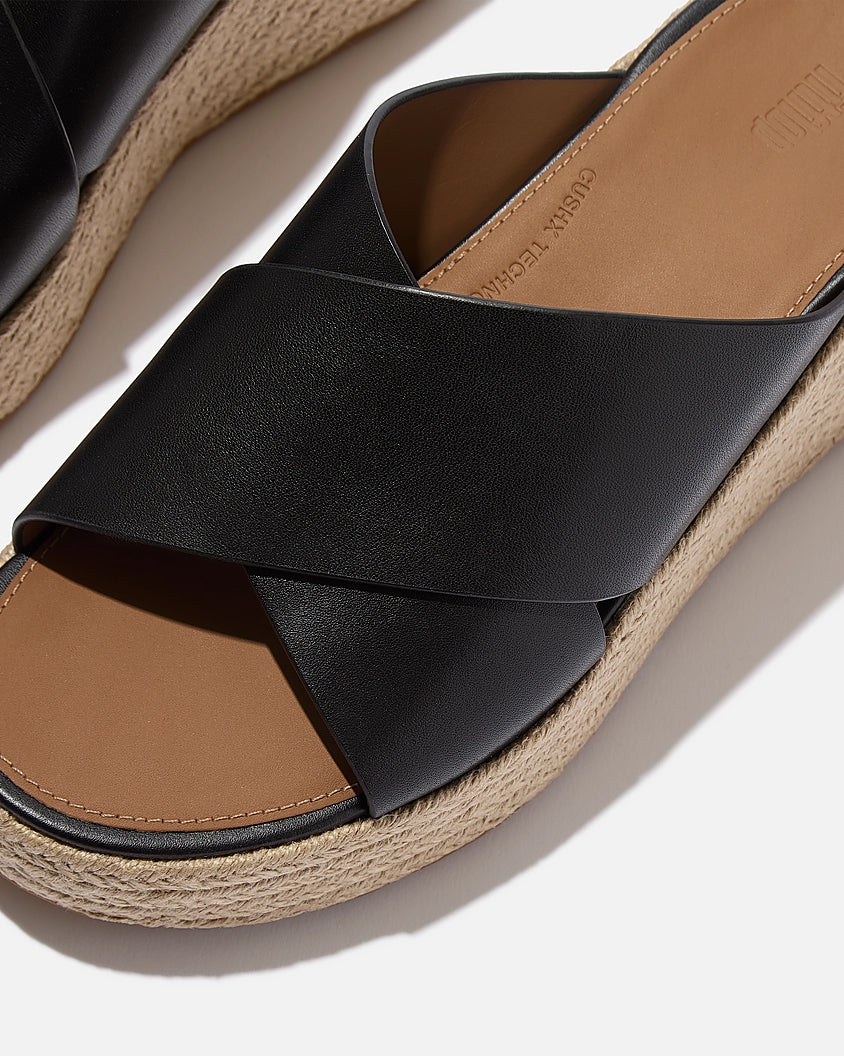 FitFlop Womens PLATFFORMS Espadrille Leather Wedge Cross Slides - Black 001 | CHO | Designer Womens Sandals