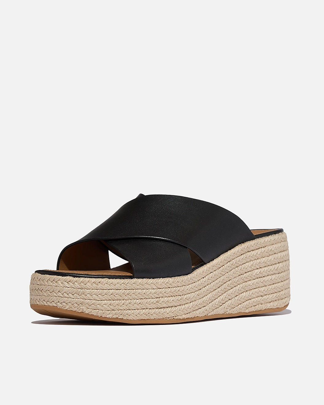 FitFlop Womens PLATFFORMS Espadrille Leather Wedge Cross Slides - Black 001 | CHO | Designer Womens Sandals