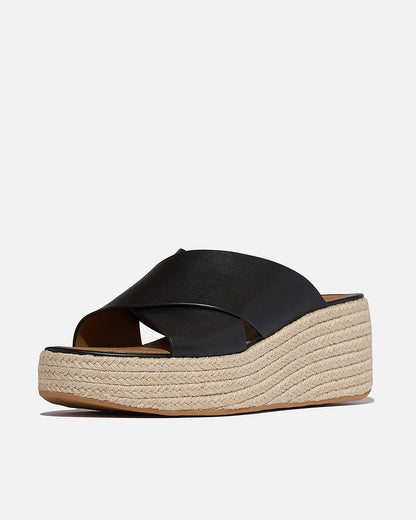 FitFlop Womens PLATFFORMS Espadrille Leather Wedge Cross Slides - Black 001 | CHO | Designer Womens Sandals