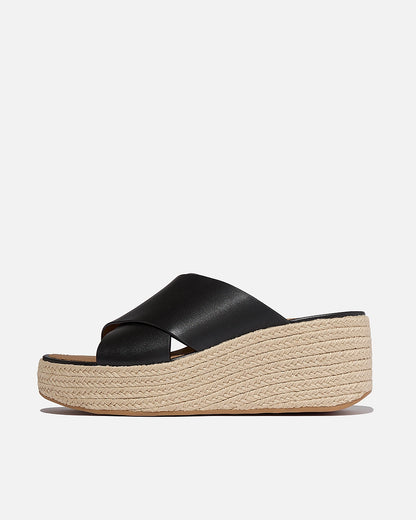 FitFlop Womens PLATFFORMS Espadrille Leather Wedge Cross Slides - Black 001 | CHO | Designer Womens Sandals