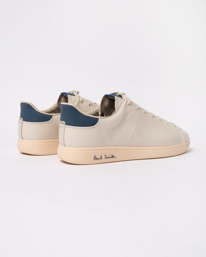 Studio photograph showing back of PS Paul Smith Chip Leather Mens Trainers in 01 White