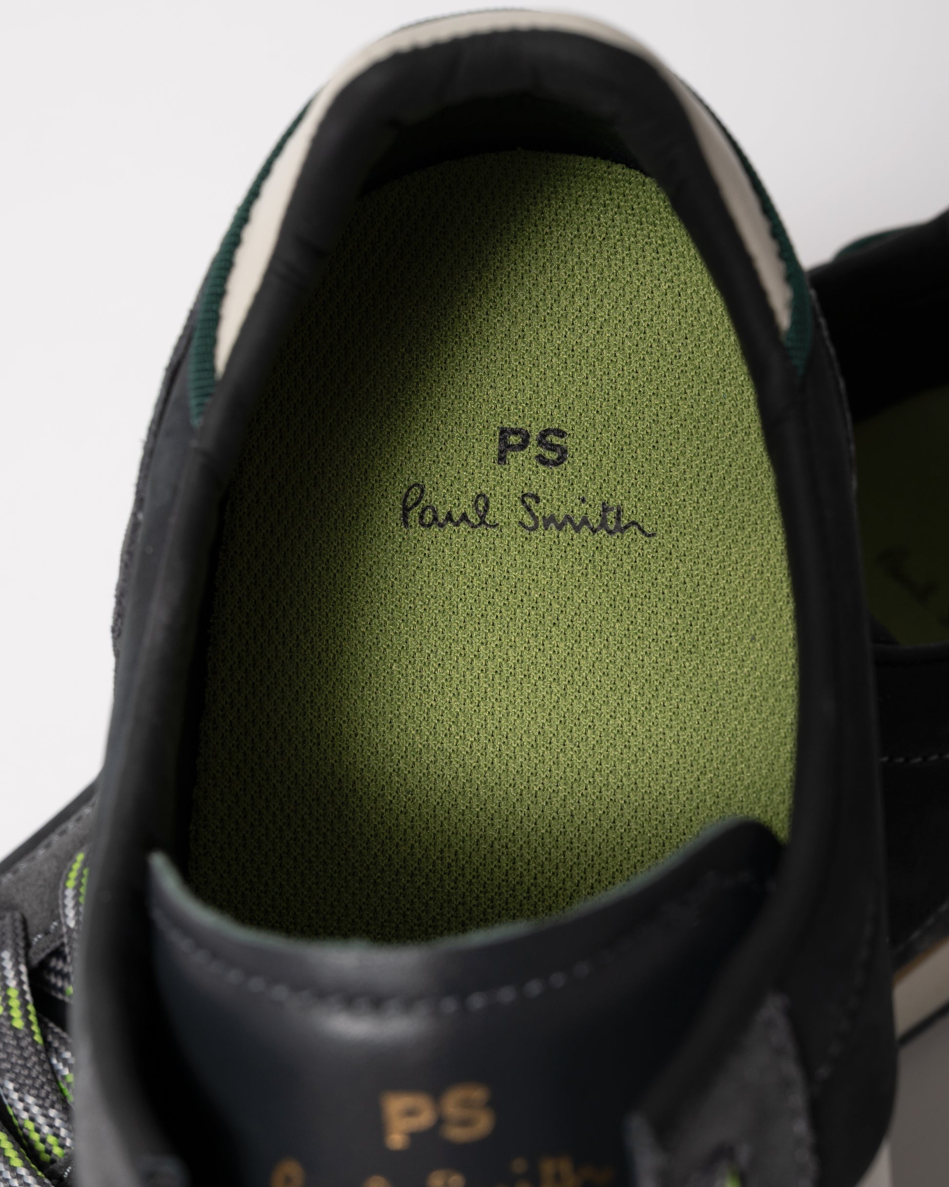 insole detail of a pair of PS Paul Smith Dover Suede Mens Trainers in 74 Smoke