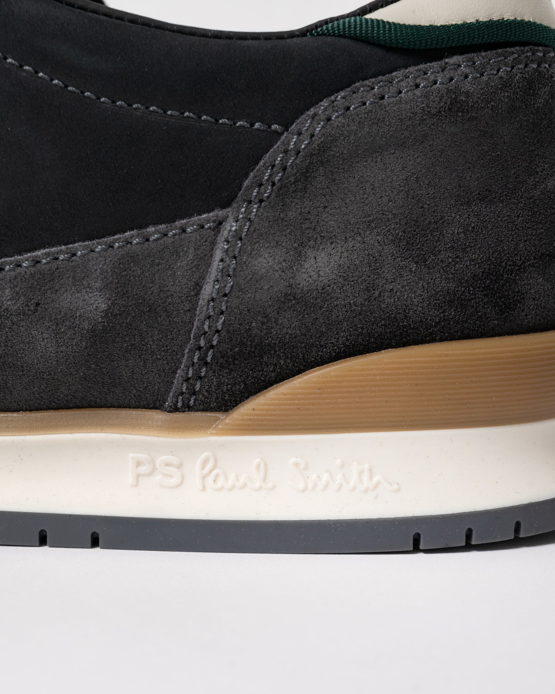 detail of a pair of PS Paul Smith Dover Suede Mens Trainers in 74 Smoke