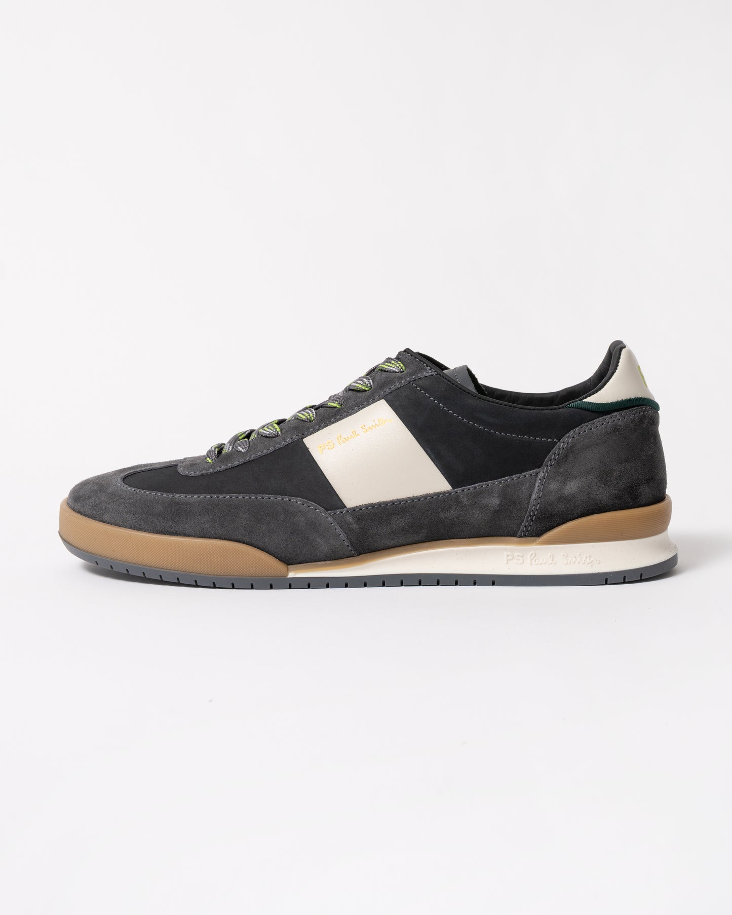side of a PS Paul Smith Dover Suede Mens Trainer in 74 Smoke
