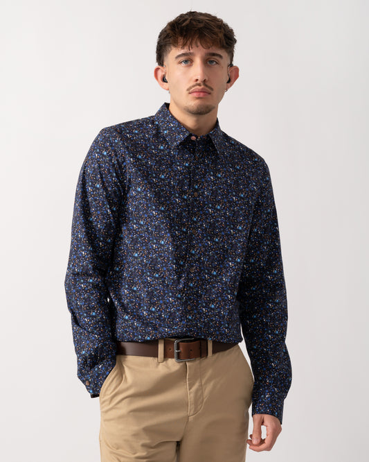 Model wearing a PS Paul Smith Long Sleeve Tailored Fit Mens Shirt in Very Dark Navy