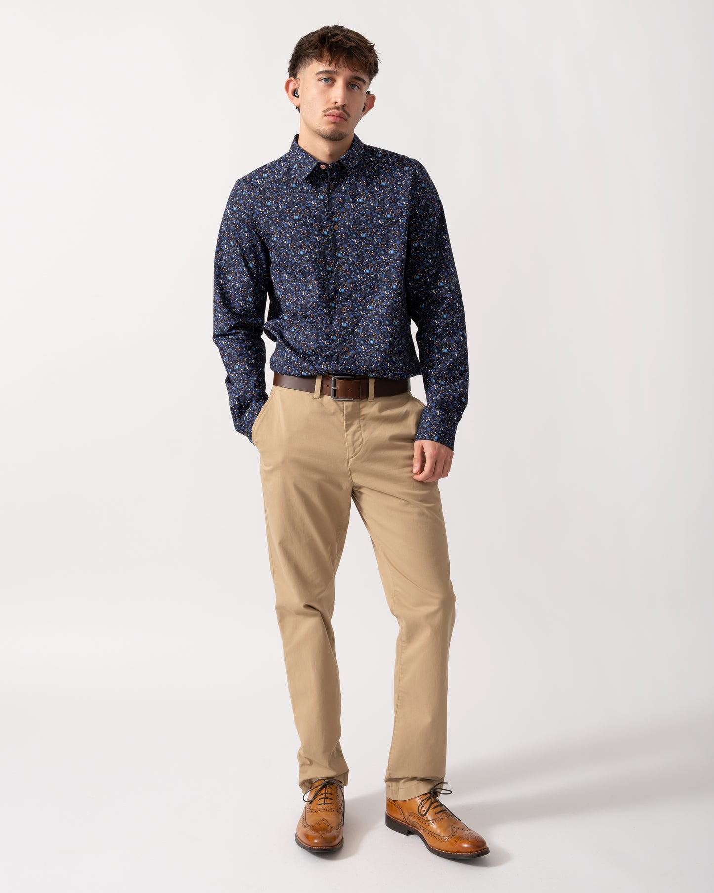 Full length shot of a Model wearing a PS Paul Smith Long Sleeve Tailored Fit Mens Shirt in Very Dark Navy