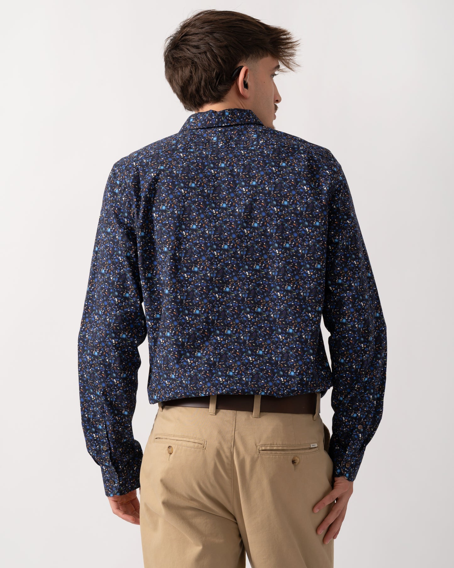 Back shot of a Model wearing a PS Paul Smith Long Sleeve Tailored Fit Mens Shirt in Very Dark Navy