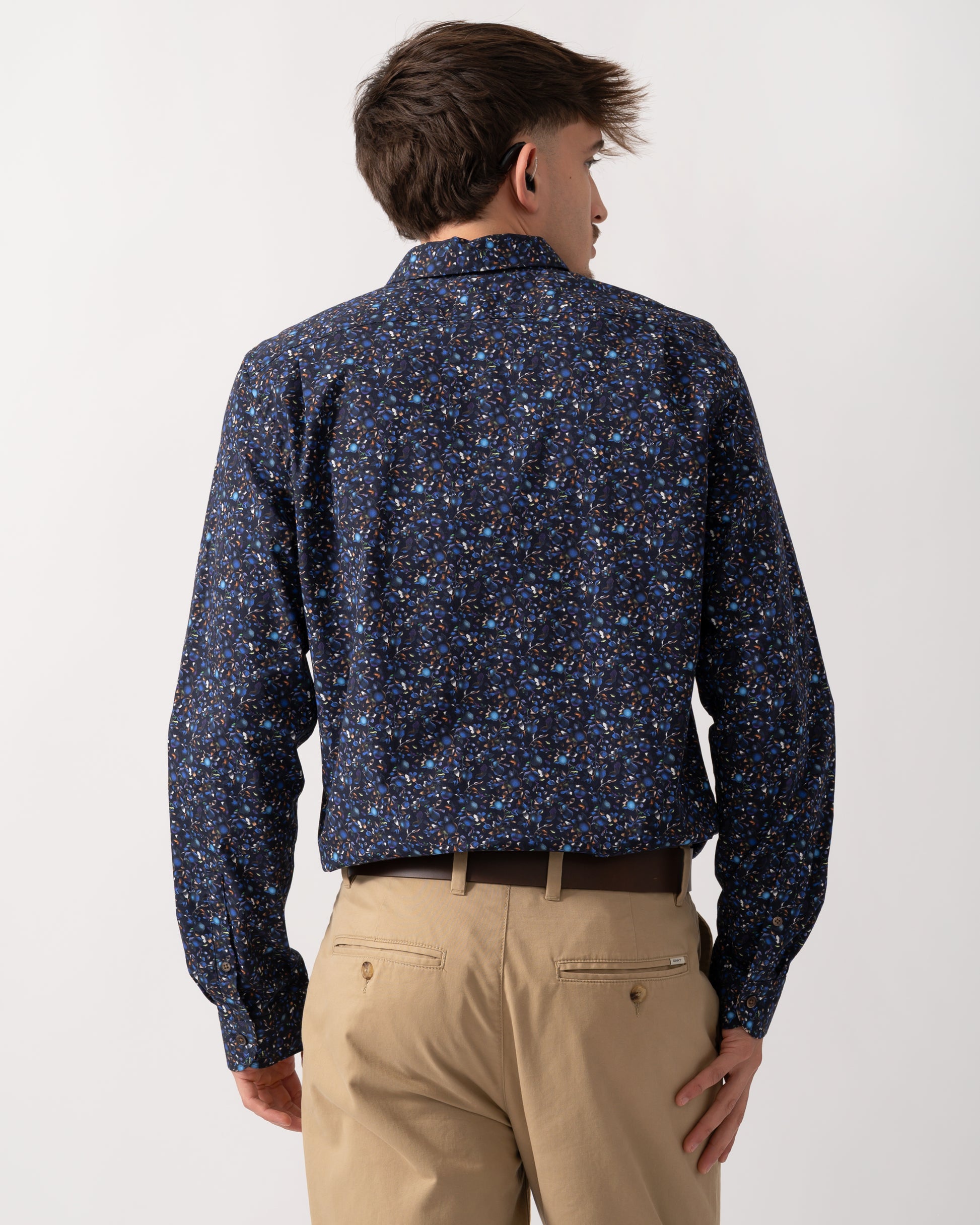 Back shot of a Model wearing a PS Paul Smith Long Sleeve Tailored Fit Mens Shirt in Very Dark Navy