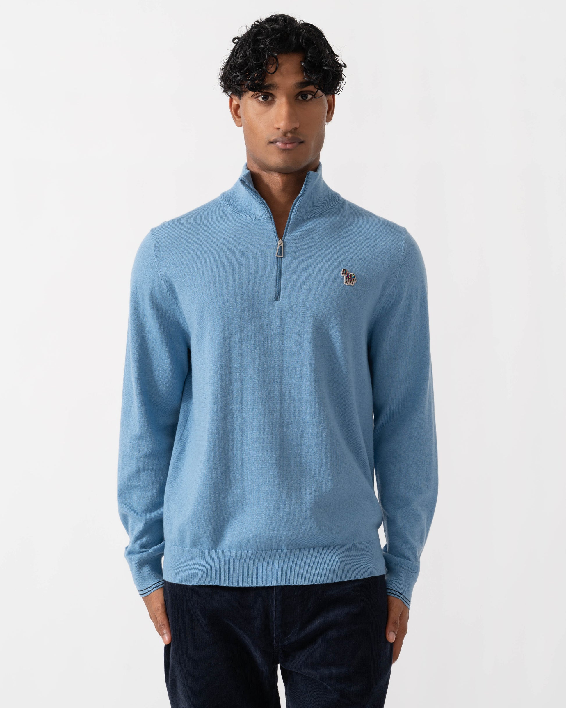 Front of PS Paul Smith Mens 1/4 Zip Zebra Badge Sweater - 40 Light Blue