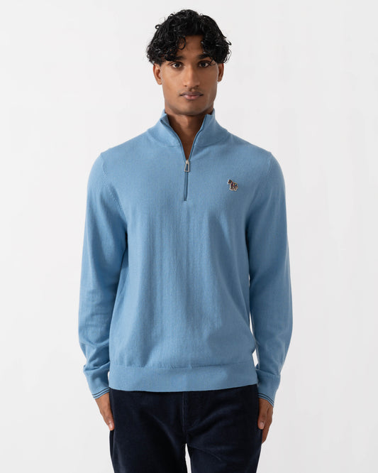 Front of PS Paul Smith Mens 1/4 Zip Zebra Badge Sweater - 40 Light Blue
