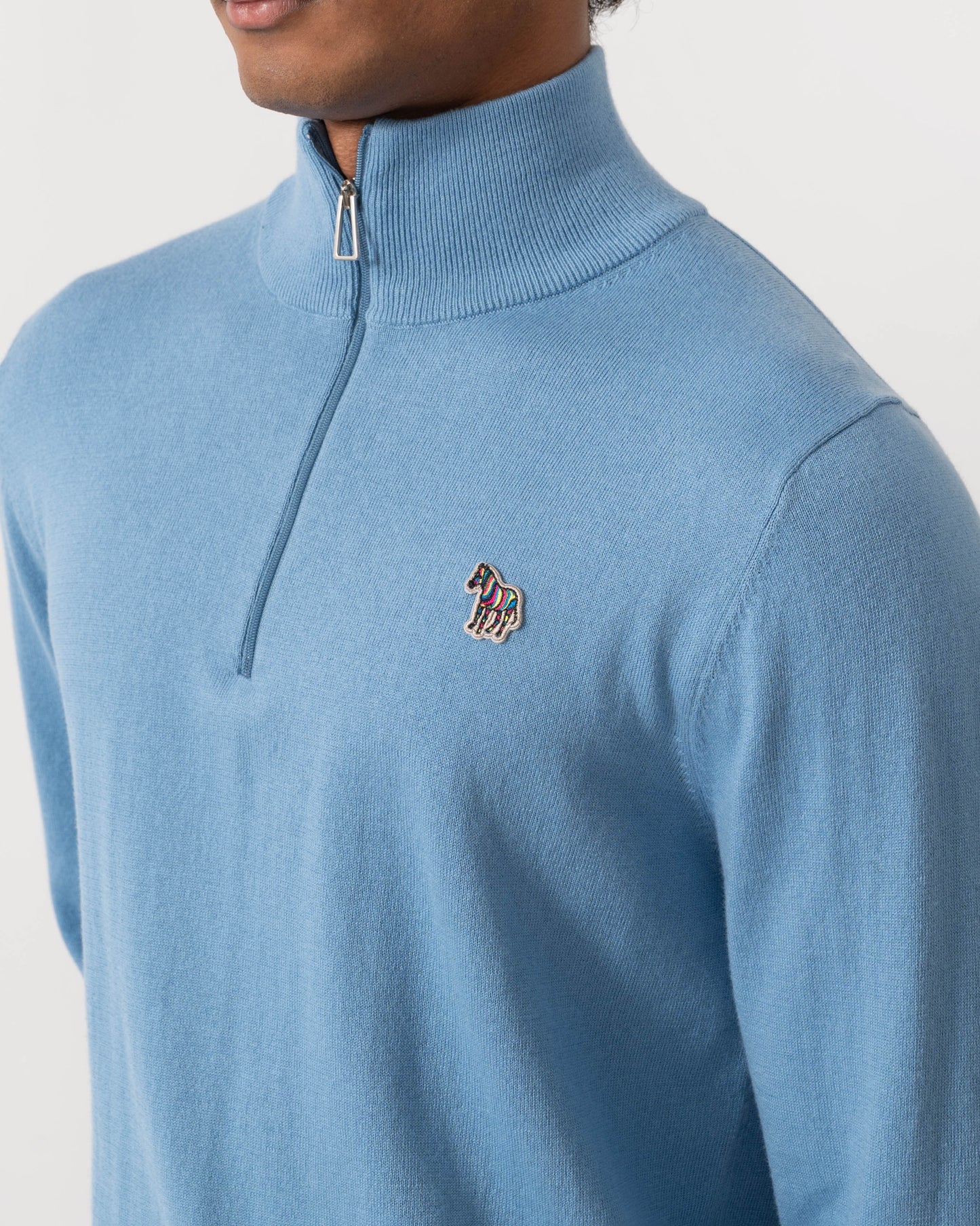 Close up of PS Paul Smith Mens 1/4 Zip Zebra Badge Sweater - 40 Light Blue
