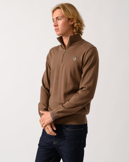 model wearing a PS Paul Smith Mens 1/4 Zip Zebra Badge Sweater in 67 Mud