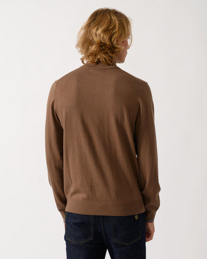 back of model wearing a PS Paul Smith Mens 1/4 Zip Zebra Badge Sweater in 67 Mud