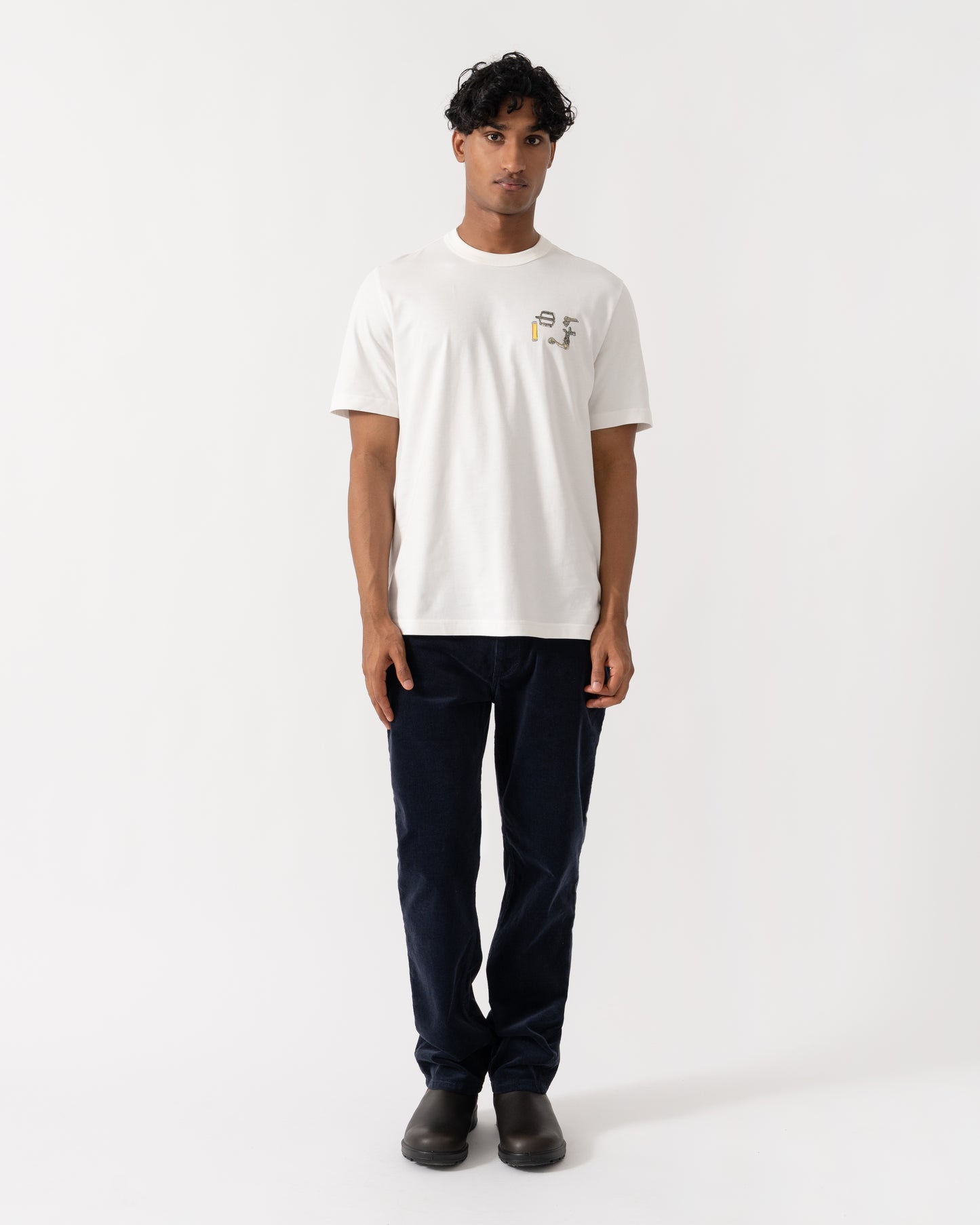 Man wearing PS Paul Smith Mens Bike Parts Graphic T-Shirt - 02 Off White