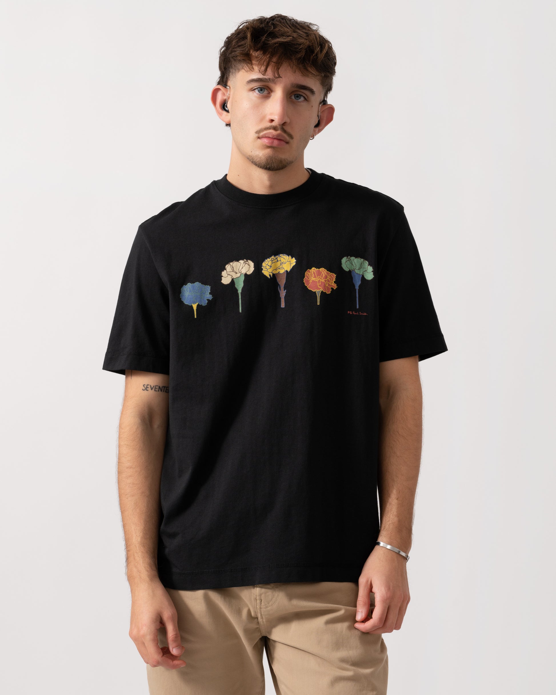 Model wearing a PS Paul Smith Mens Casual Fit Carnation Line T-Shirt in Black