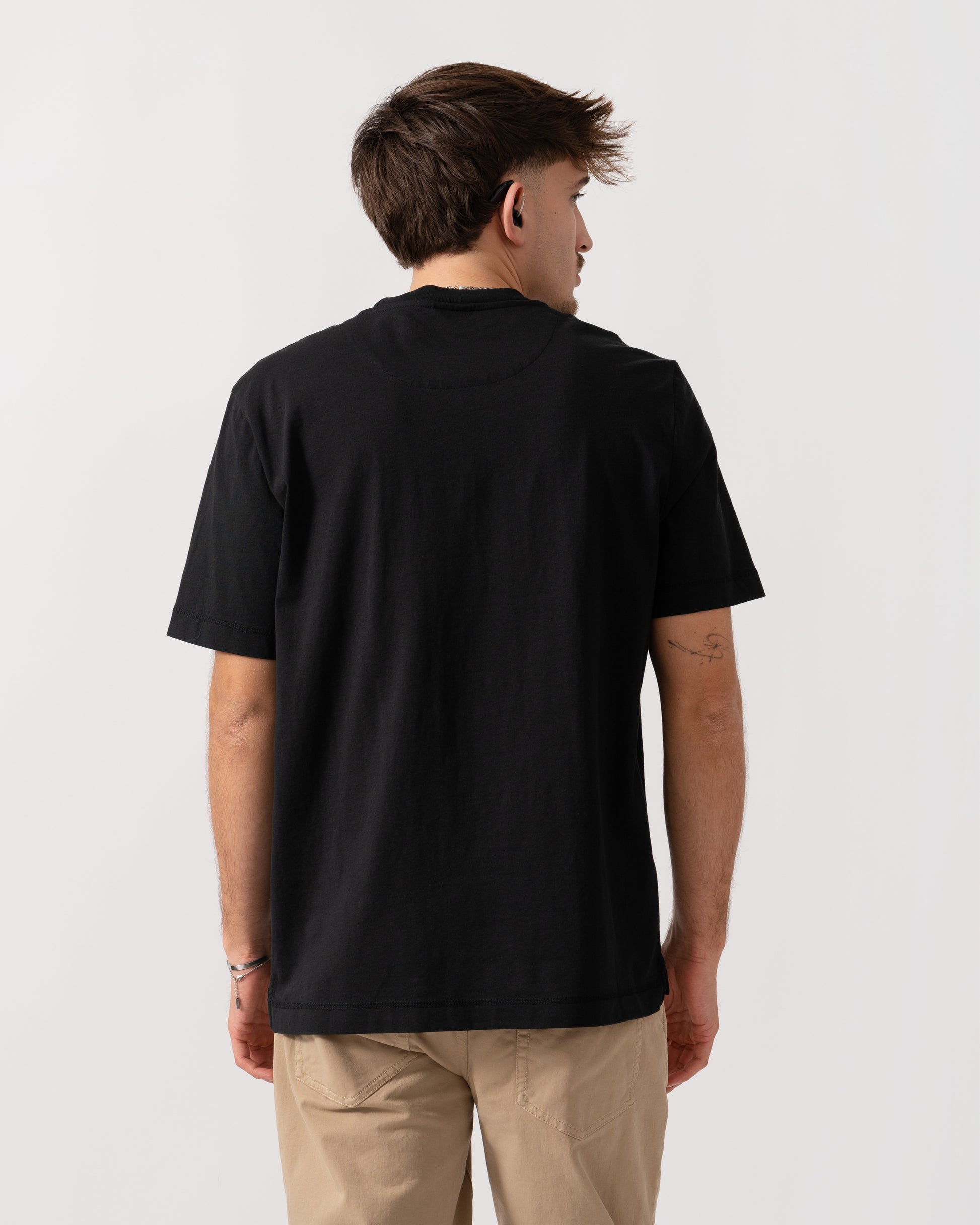 back shot of a Model wearing a PS Paul Smith Mens Casual Fit Carnation Line T-Shirt in Black