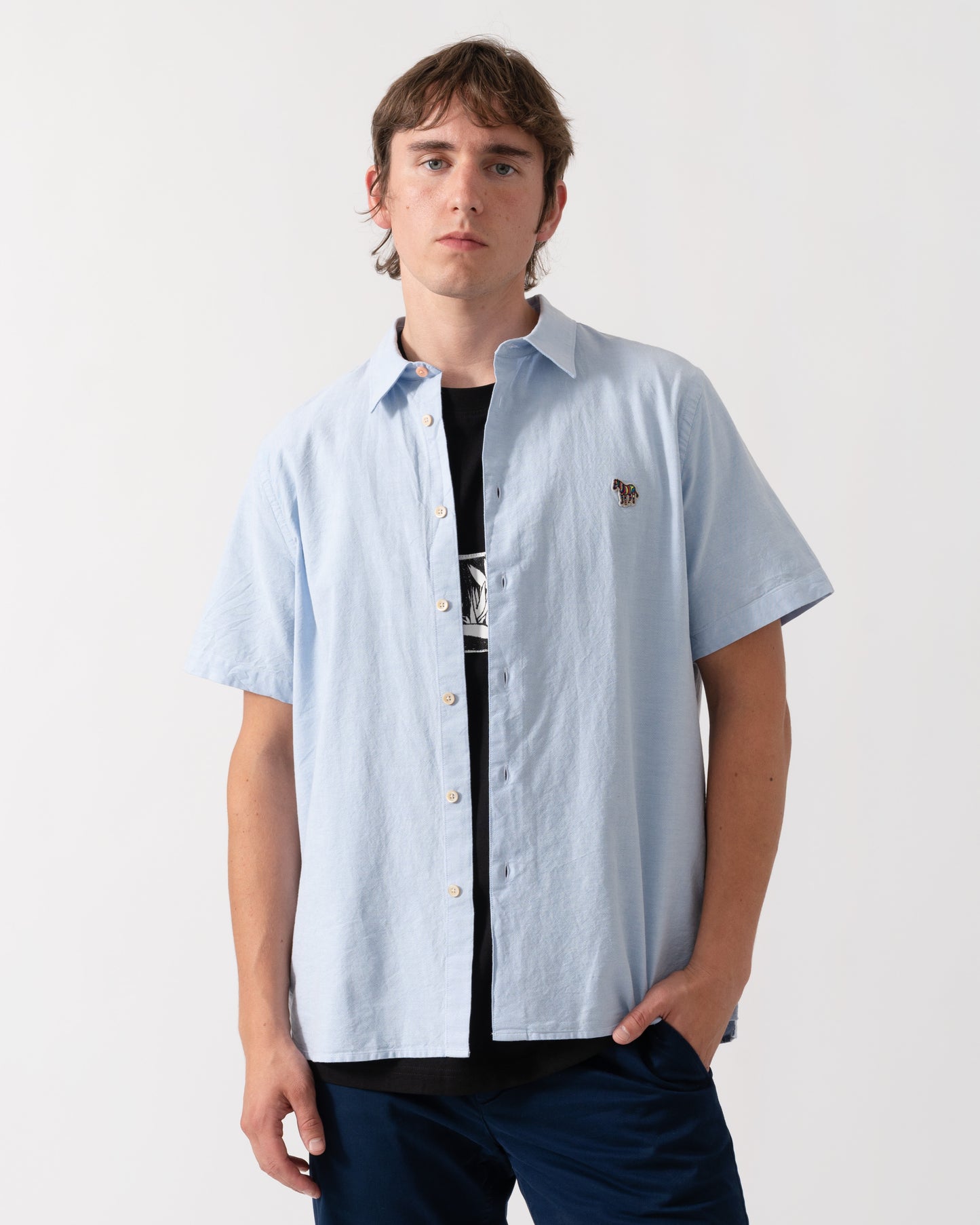 PS Paul Smith Mens Casual Fit Short Sleeve Zebra Badge Shirt - 40 Blue