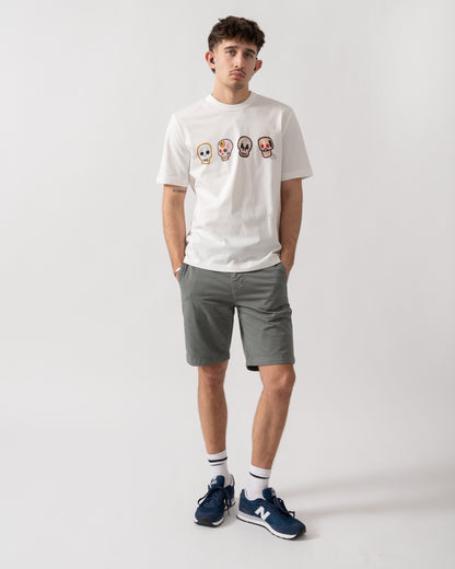 full length shot of a model wearing a PS Paul Smith Mens Casual Fit Skulls T-Shirt in 02 White