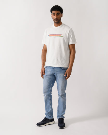 full length shot of a model wearing PS Paul Smith Mens Casual Fit Stripe T-Shirt in 02 White