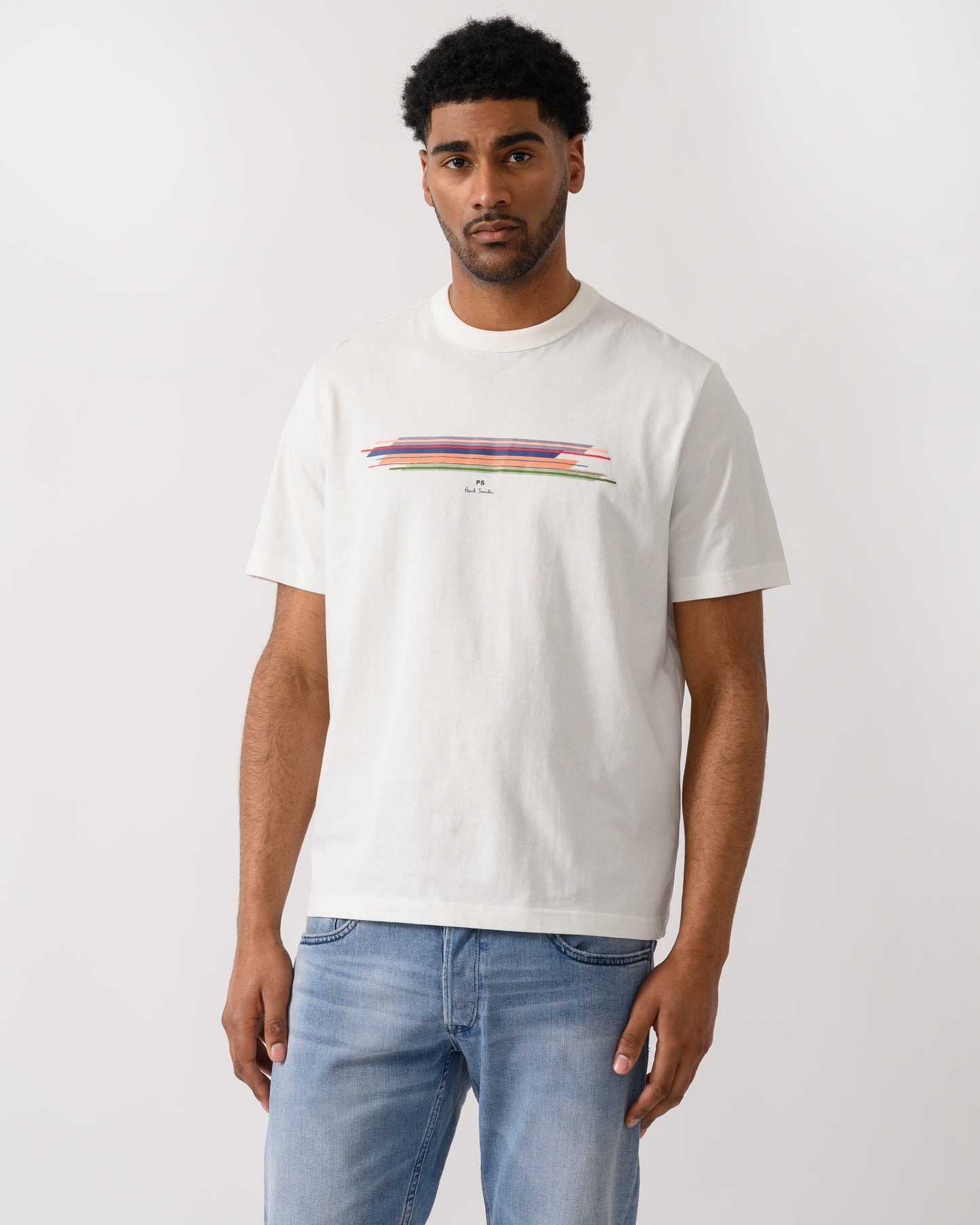 model wearing PS Paul Smith Mens Casual Fit Stripe T-Shirt in 02 White