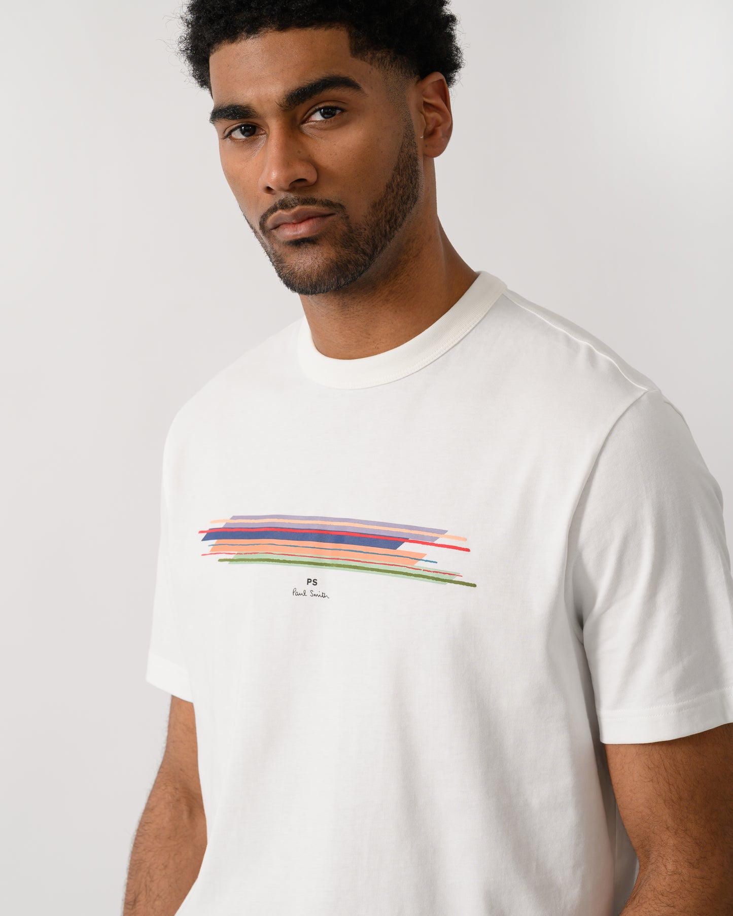 close up shot of a model wearing PS Paul Smith Mens Casual Fit Stripe T-Shirt in 02 White