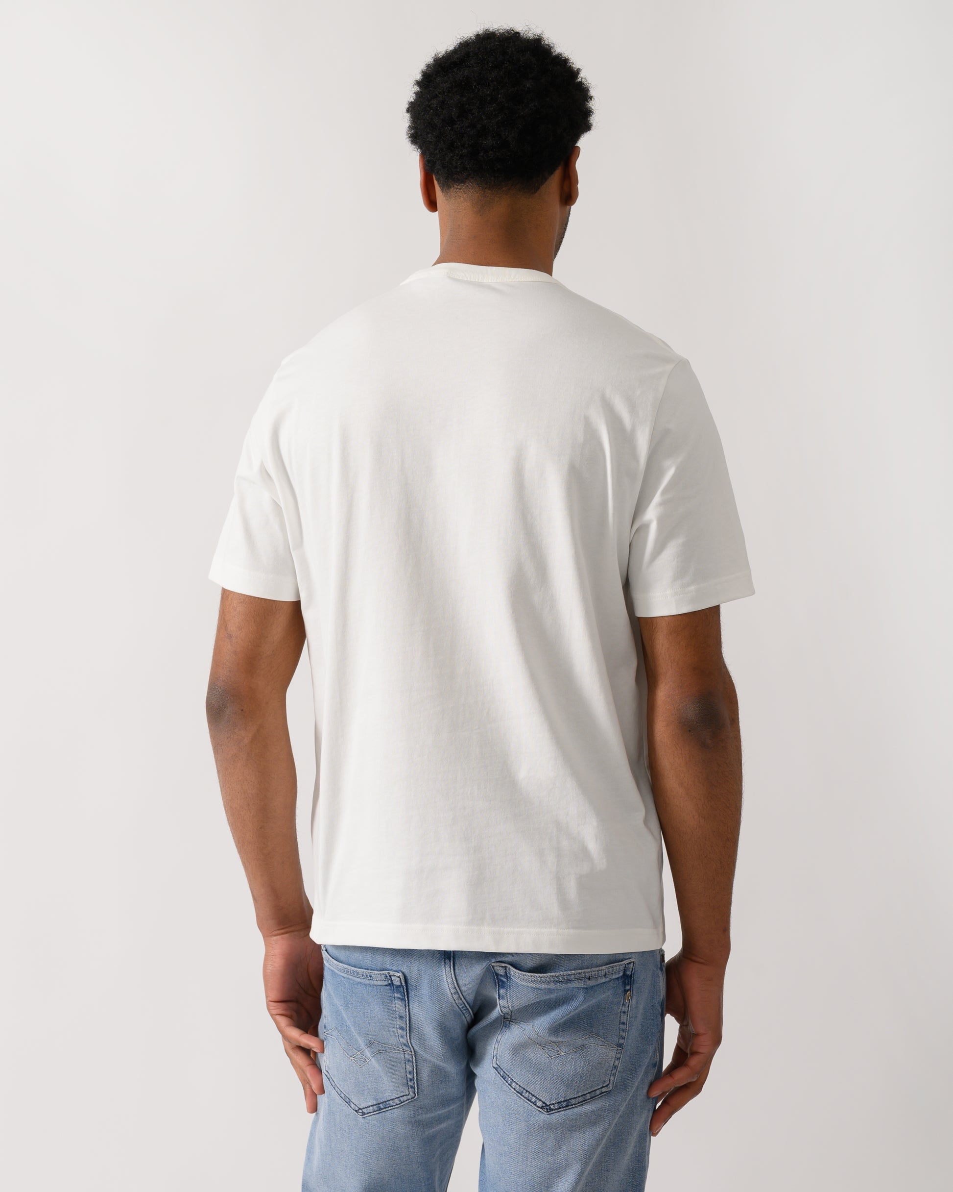 back shot of a model wearing PS Paul Smith Mens Casual Fit Stripe T-Shirt in 02 White