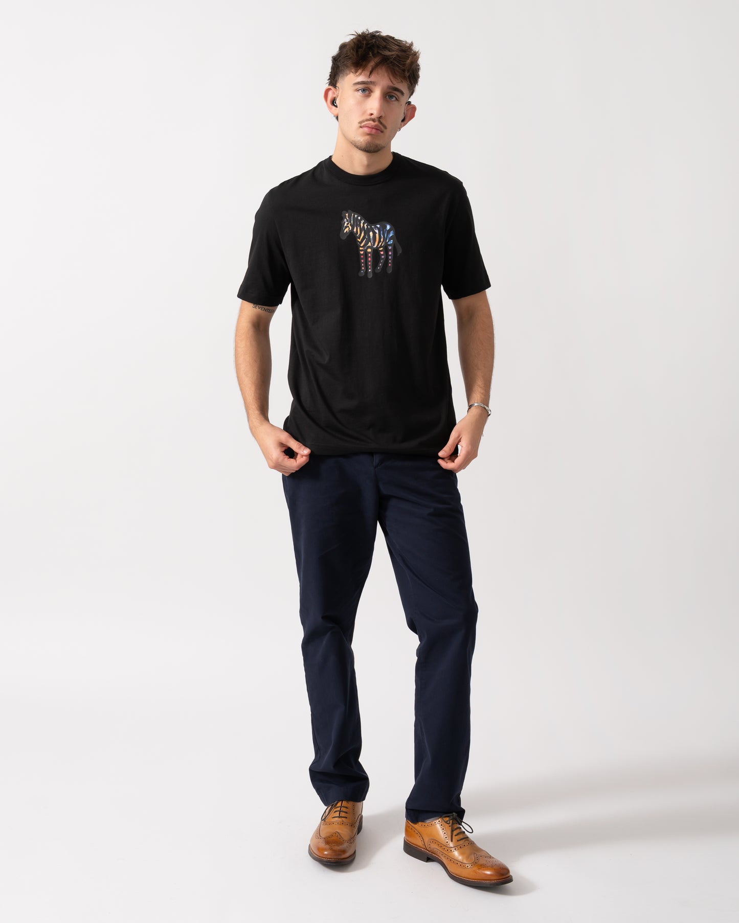full length shot of a Model wearing a PS Paul Smith Mens Casual Fit Zebra T-Shirt in Black