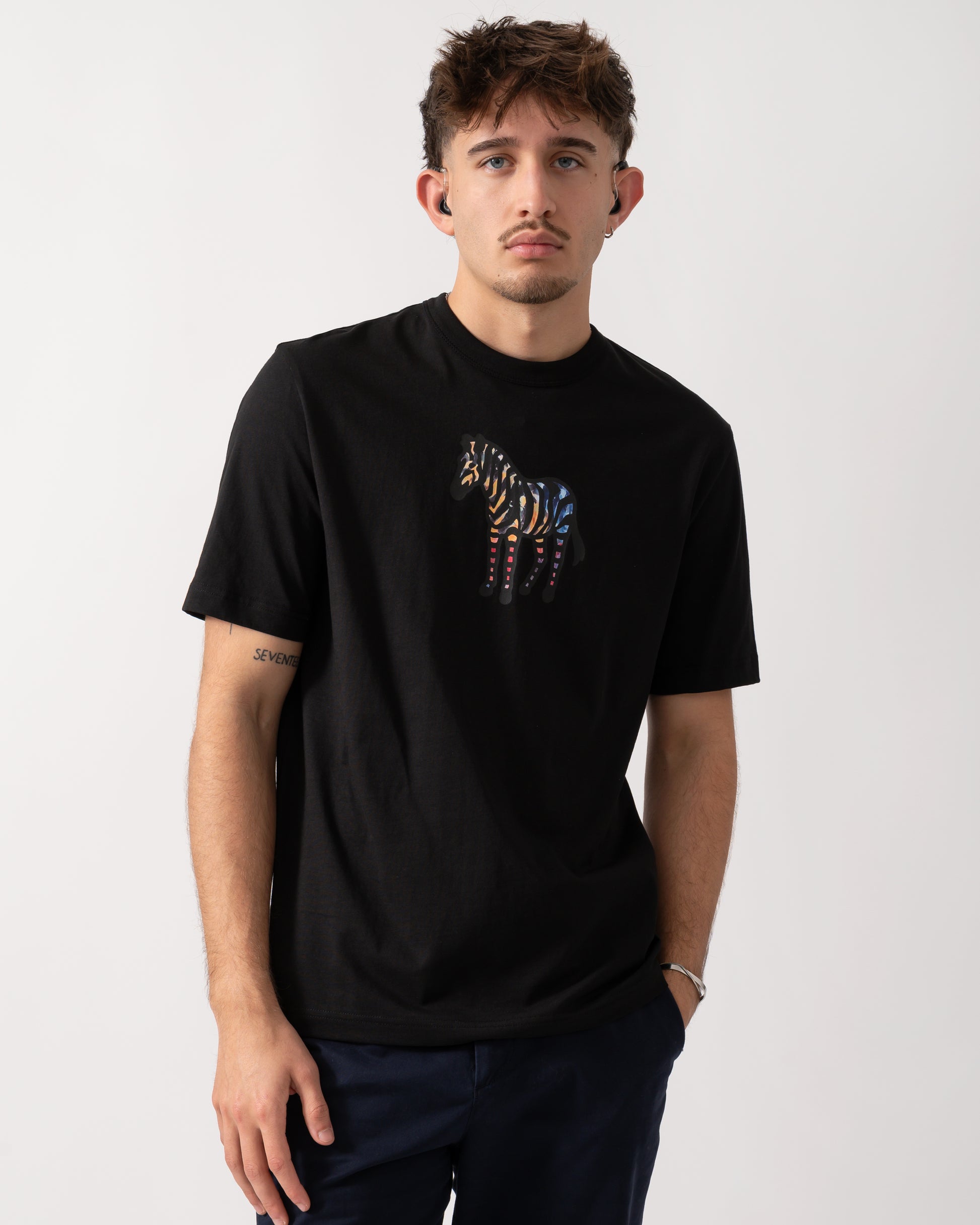 Model wearing a PS Paul Smith Mens Casual Fit Zebra T-Shirt in Black