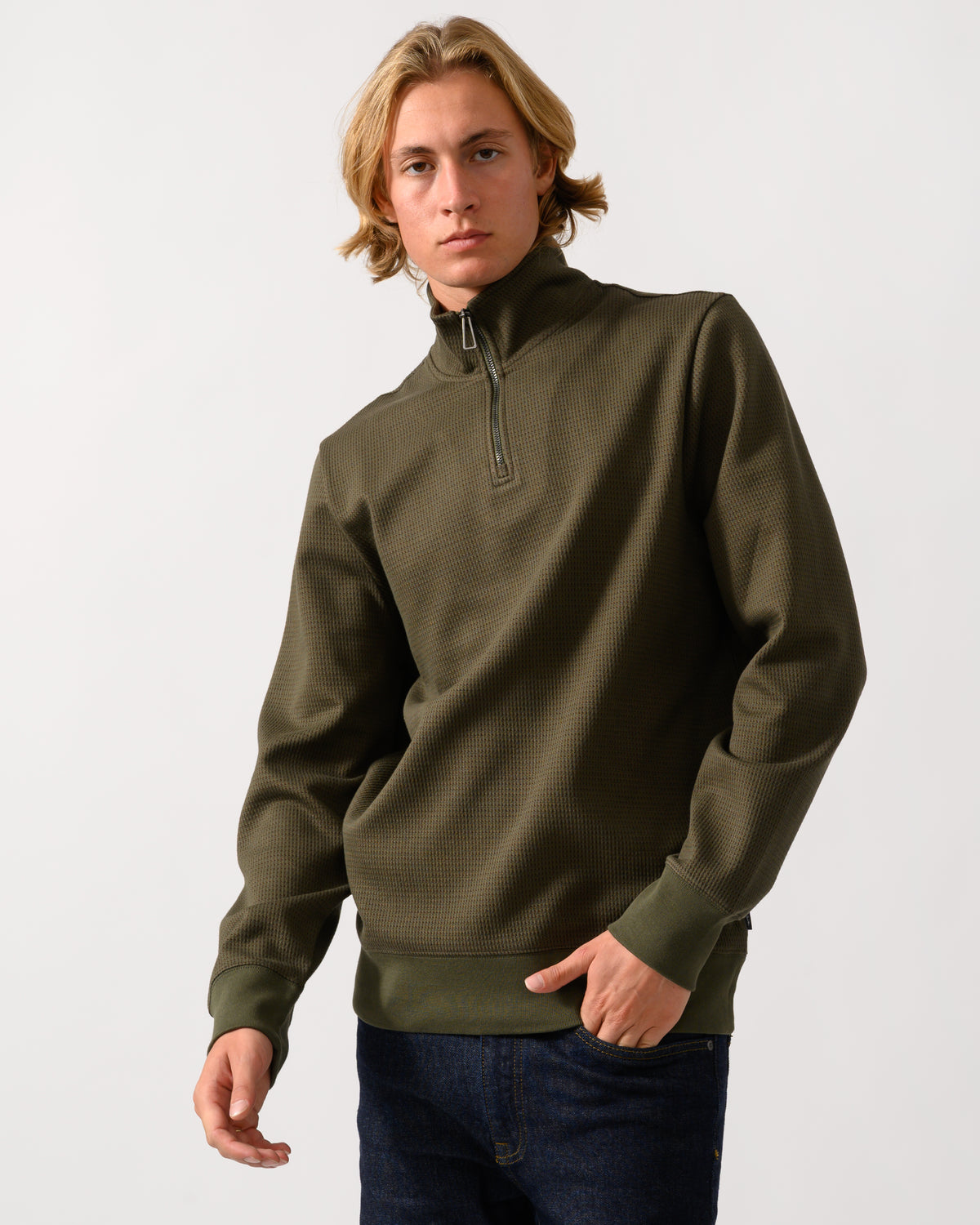 model wearing a PS Paul Smith Mens Classic Half Zip Top in 35 Military Green