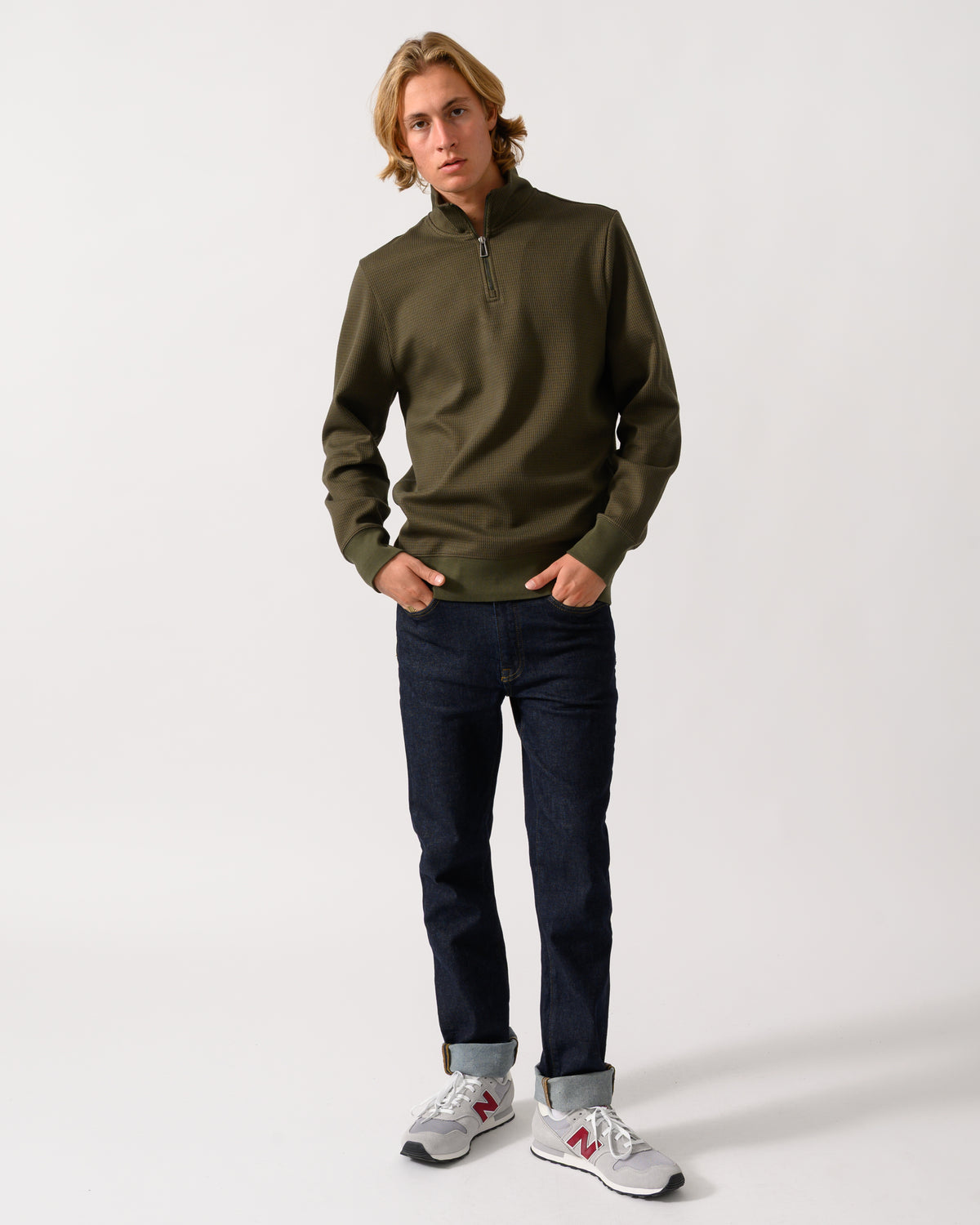 full length shot of model wearing a PS Paul Smith Mens Classic Half Zip Top in 35 Military Green