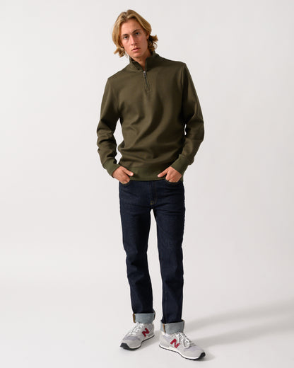 full length shot of model wearing a PS Paul Smith Mens Classic Half Zip Top in 35 Military Green
