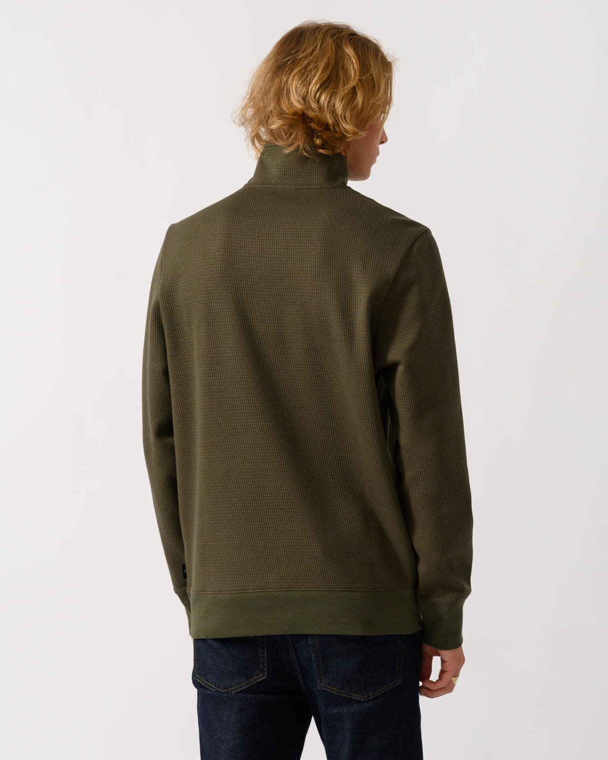 back of a model wearing a PS Paul Smith Mens Classic Half Zip Top in 35 Military Green